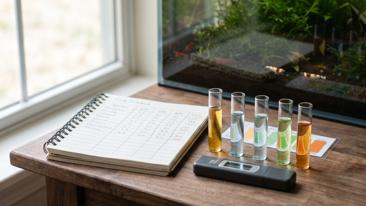 Water test kit and notebook showing shrimp water parameter readings for Neocaridina and Caridina