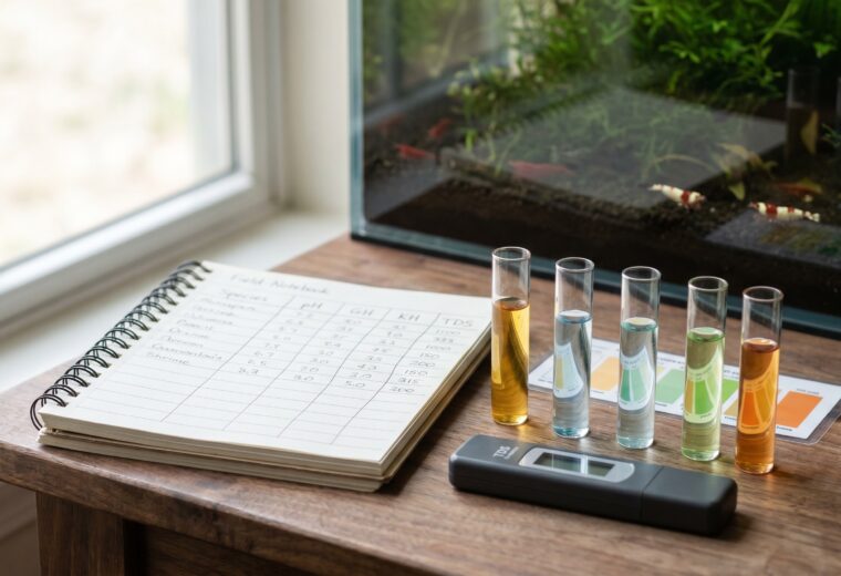 Water test kit and notebook showing shrimp water parameter readings for Neocaridina and Caridina