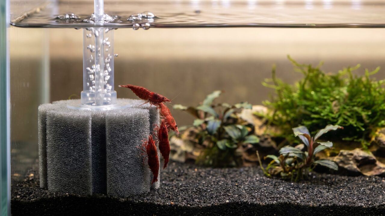 Red cherry shrimp grazing on a sponge filter in a planted nano aquarium