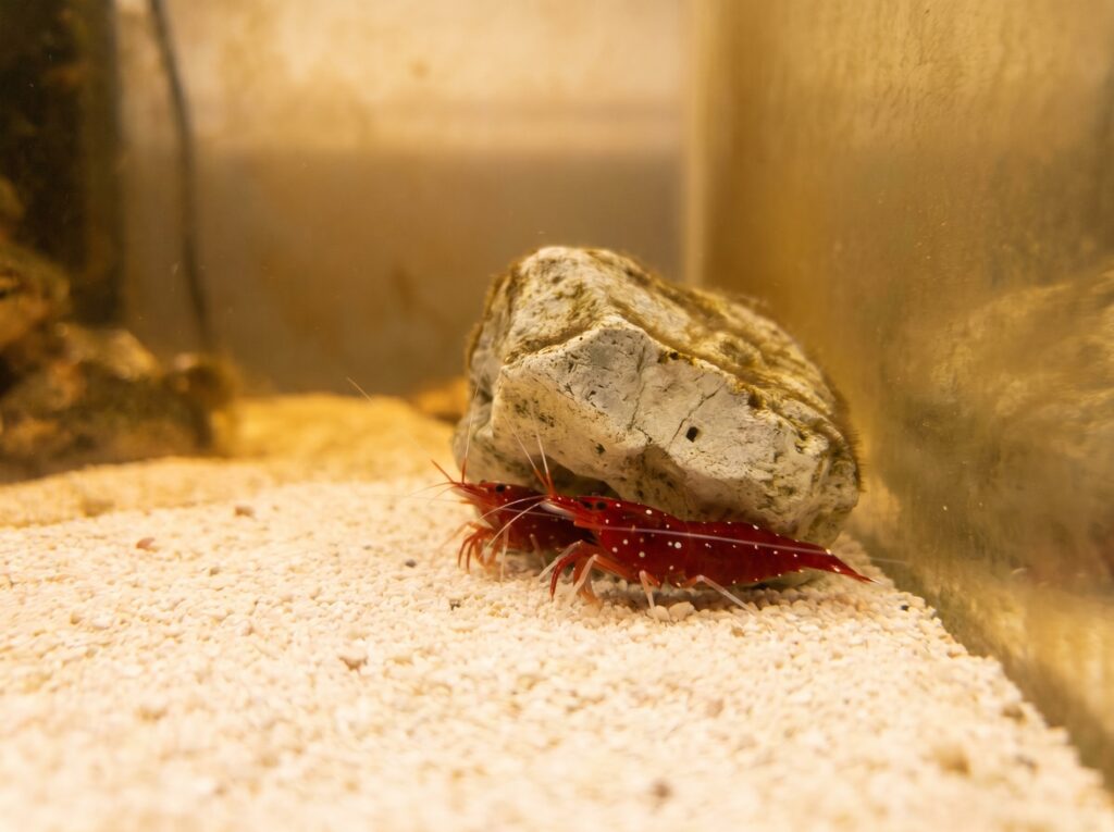 Cardinal Sulawesi shrimp on pale limestone in a warm alkaline shrimp tank