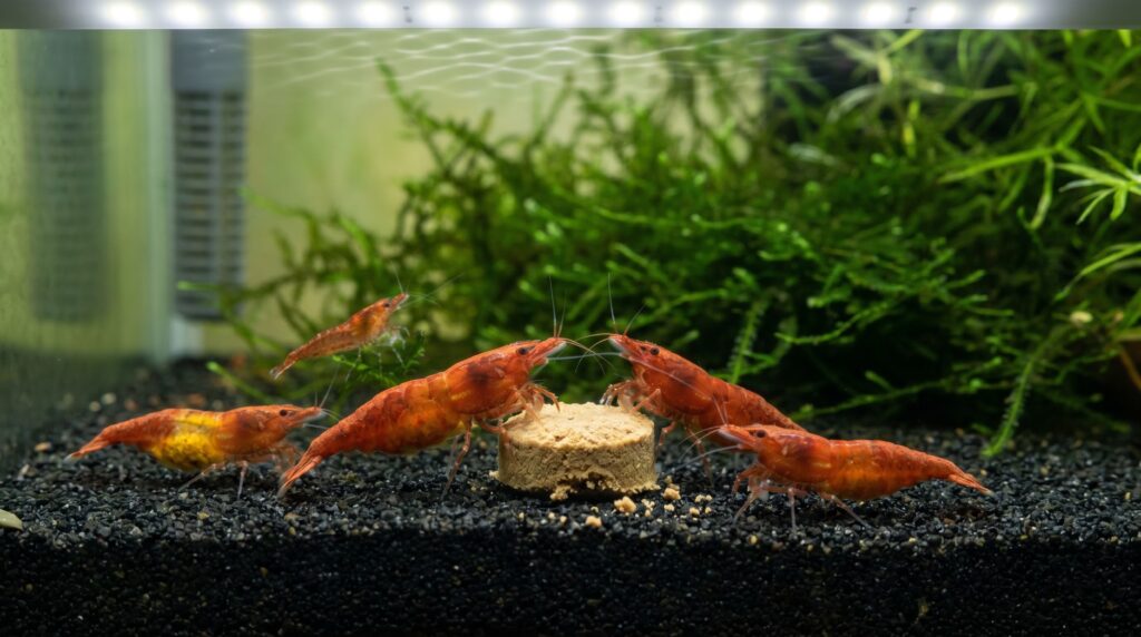 Colony of cherry shrimp clustered around a single specialty shrimp pellet on dark sand substrate