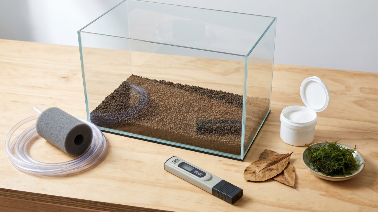 freshwater shrimp tank setup with sponge filter, TDS pen, remineralizer, and java moss on wooden surface