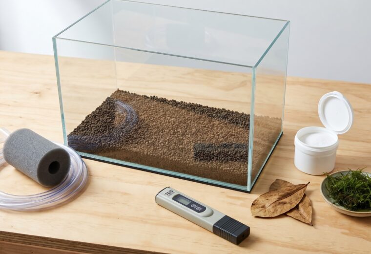 freshwater shrimp tank setup with sponge filter, TDS pen, remineralizer, and java moss on wooden surface