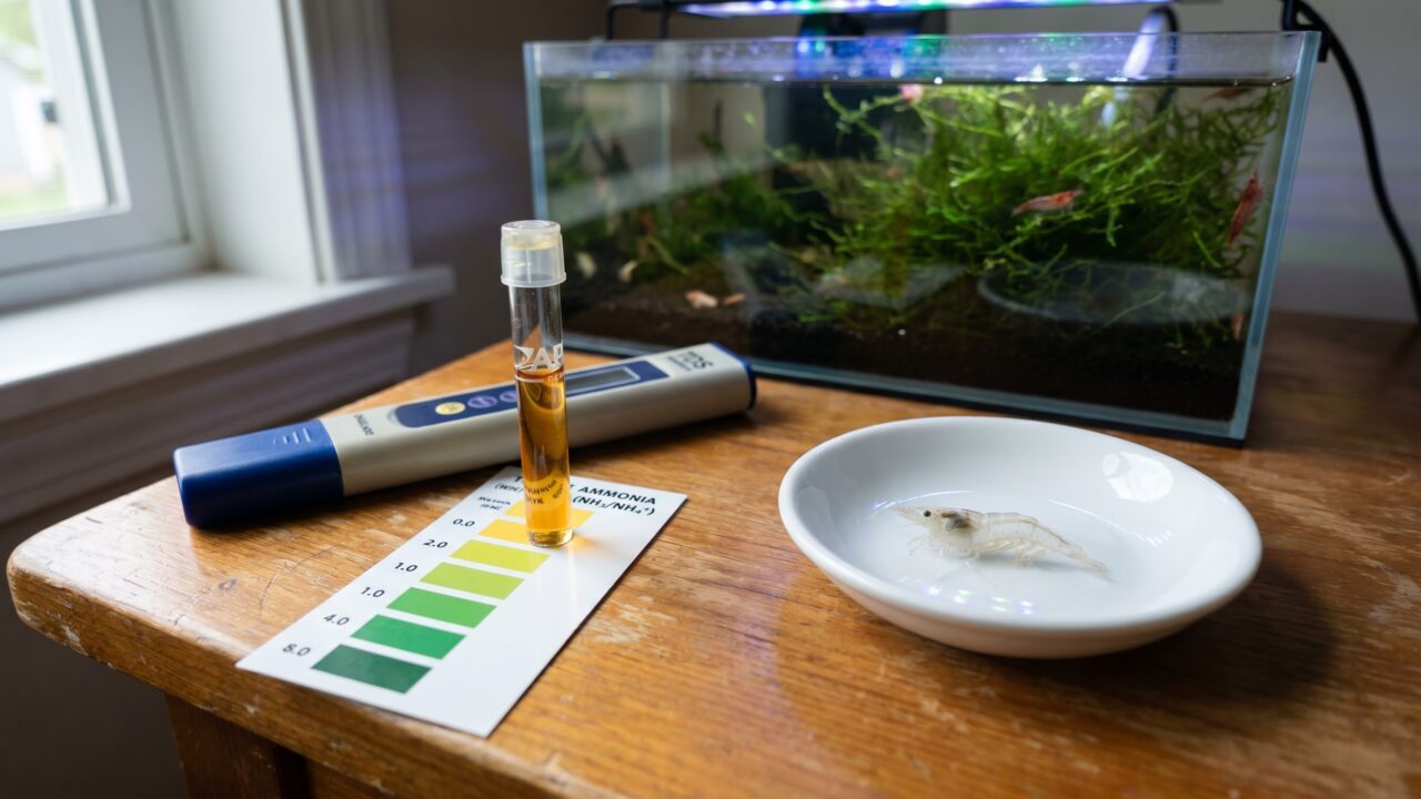 Aquarium test kit, TDS meter, and shrimp molt shell on wooden surface beside planted tank