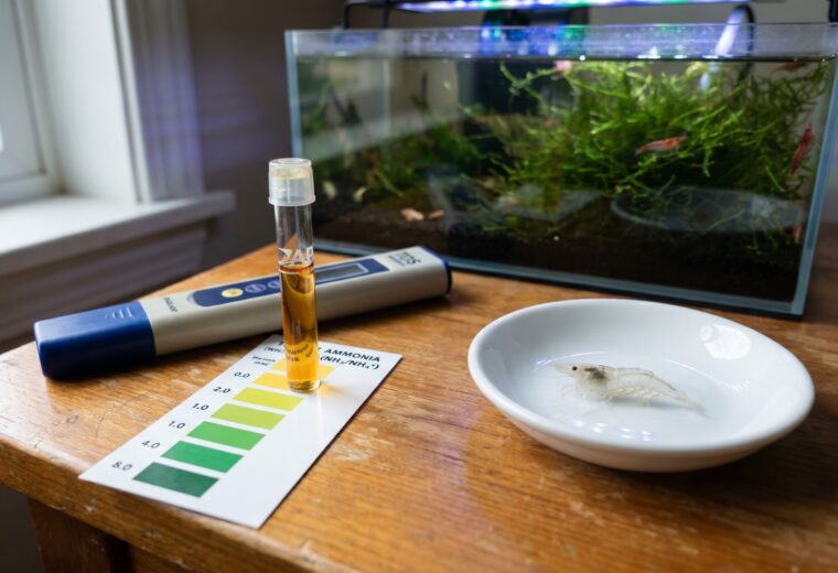 Aquarium test kit, TDS meter, and shrimp molt shell on wooden surface beside planted tank